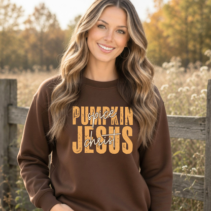 Woman wearing a brown Pumpkin Spice and Jesus Christ Christian graphic sweatshirt outdoors in fall