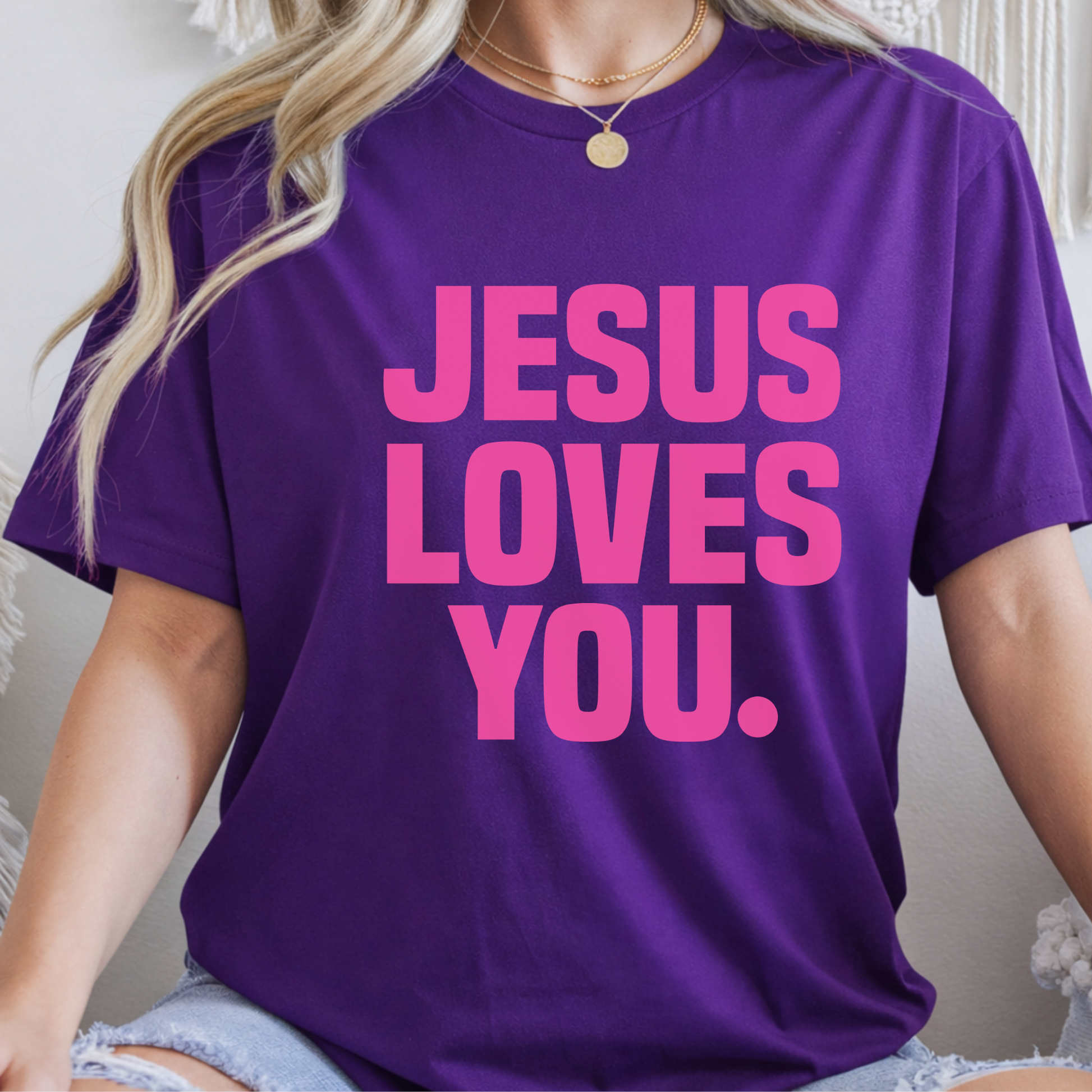 Purple Jesus Loves You graphic unisex t-shirt model