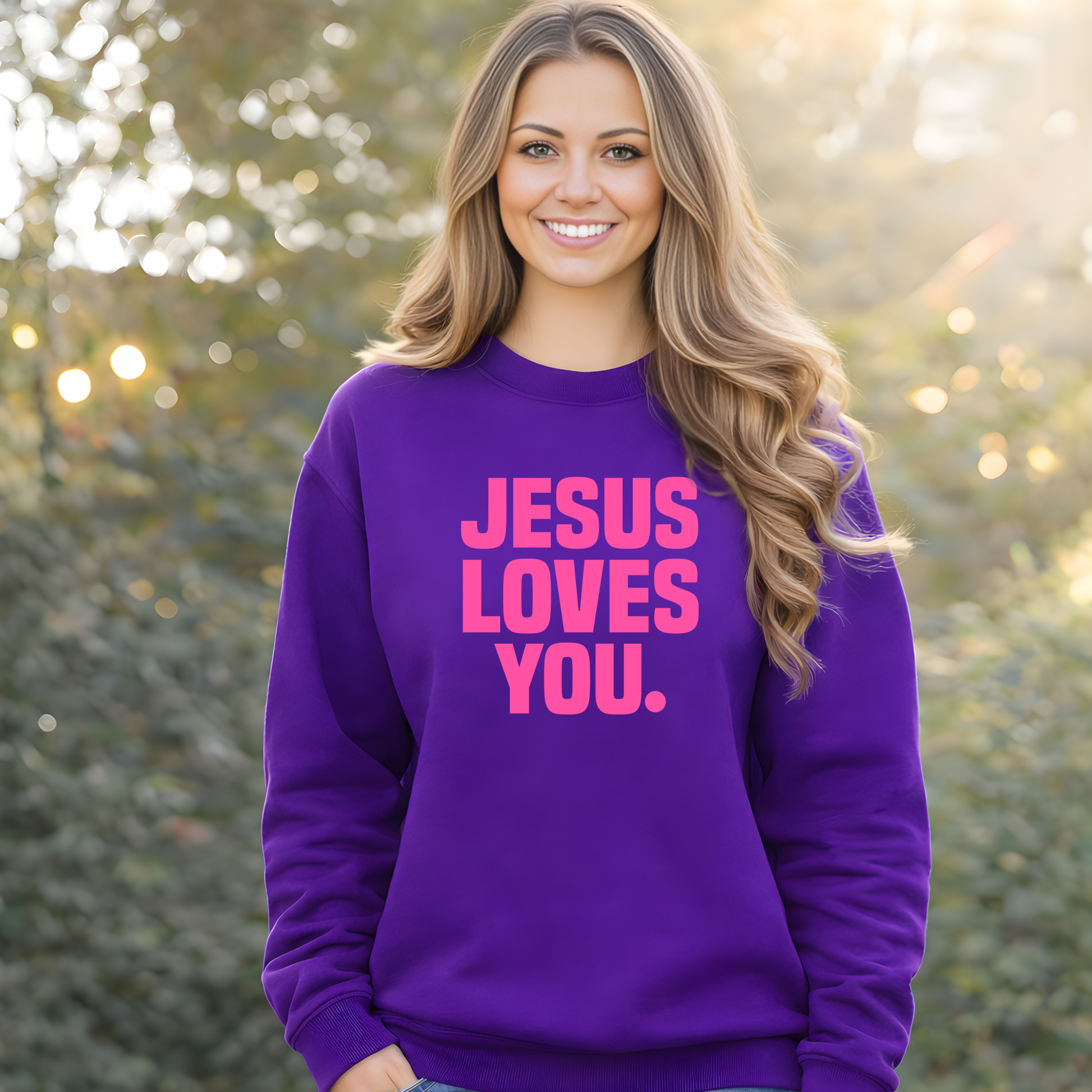 Purple Jesus Loves You Christian sweatshirt outdoor model