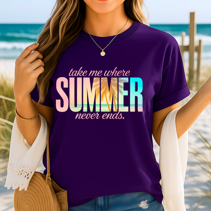 Purple t-shirt with beachy summer quote, styled for a casual beach day