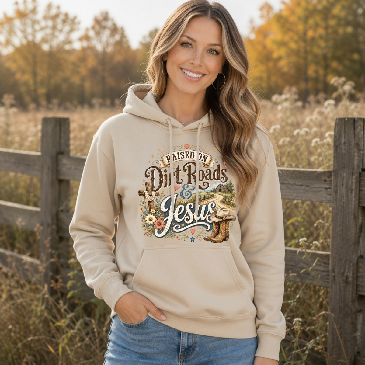 Woman wearing a sand Raised on Dirt Roads & Jesus hoodie outdoors in a golden autumn field.