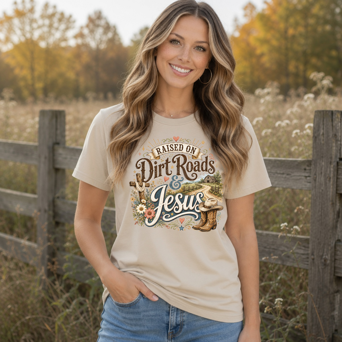 Woman modeling a sand Raised on Dirt Roads & Jesus T-shirt beside a rustic wooden fence in fall.