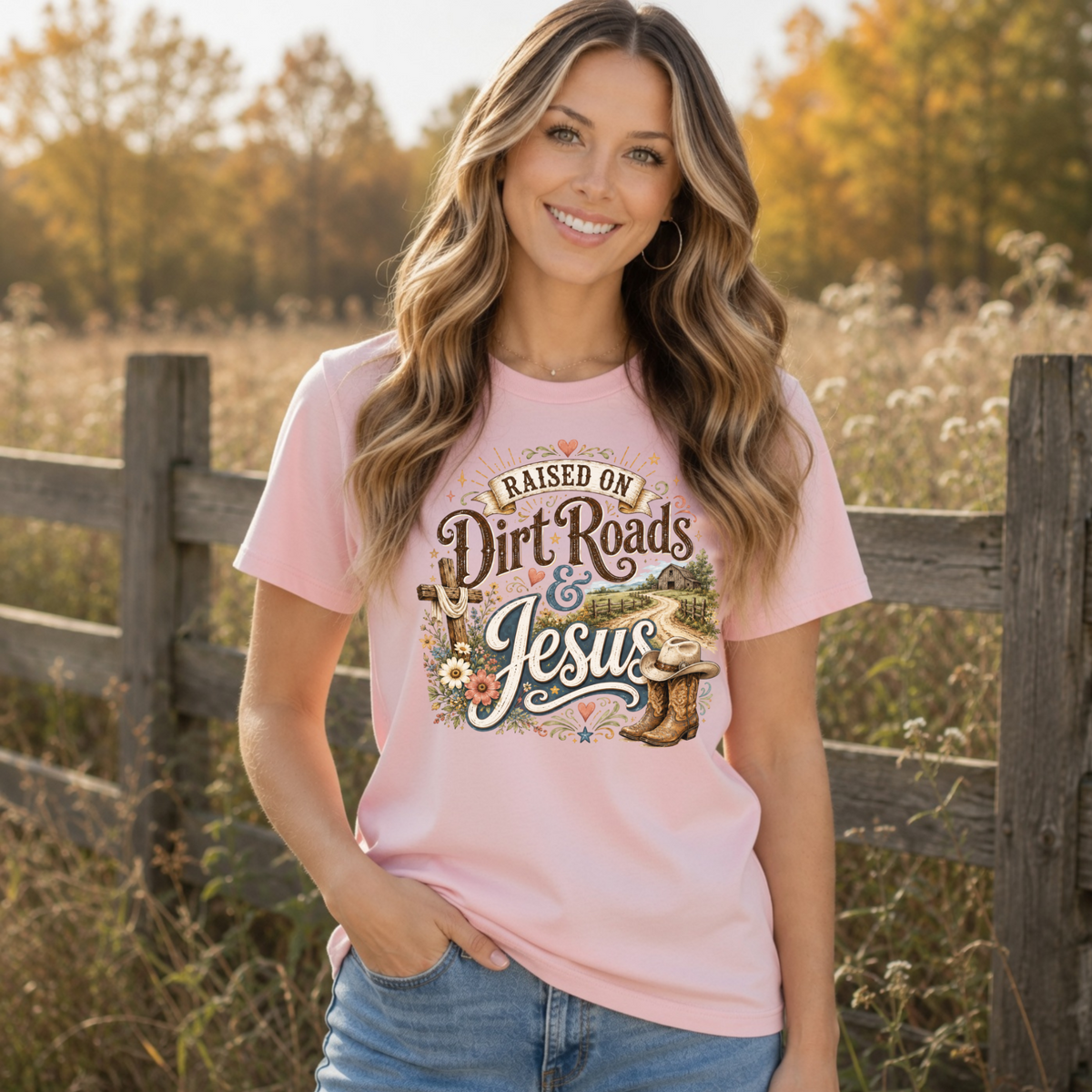 Woman modeling a light pink Raised on Dirt Roads & Jesus T-shirt in a country field with warm fall scenery.