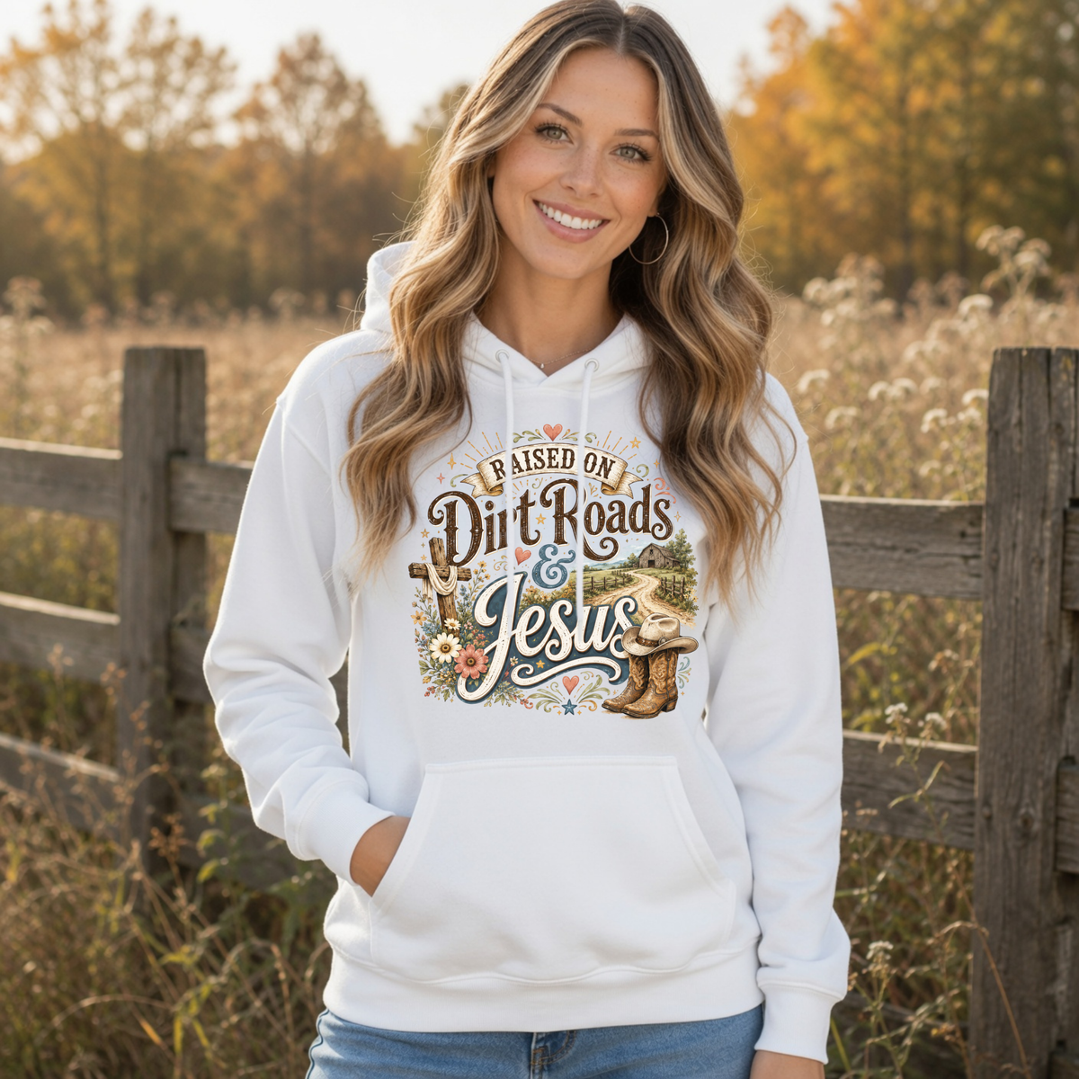 Woman wearing a white Raised on Dirt Roads & Jesus hoodie beside a wooden fence in an autumn field.