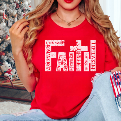 Red Faith T-shirt with Bible verse graphic design
