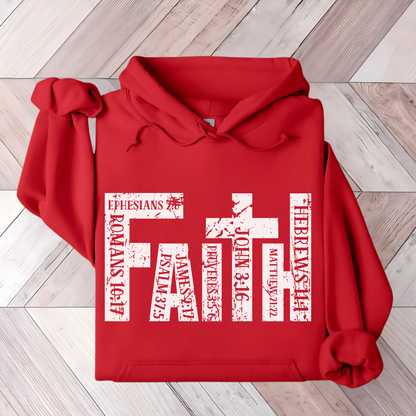 Red Christian hoodie featuring 'FAITH' in bold distressed white letters, designed with Bible verse references including John 3:16, Romans 10:17, Hebrews 11:1, and more. Inspirational religious sweatshirt for faith-based fashion.
