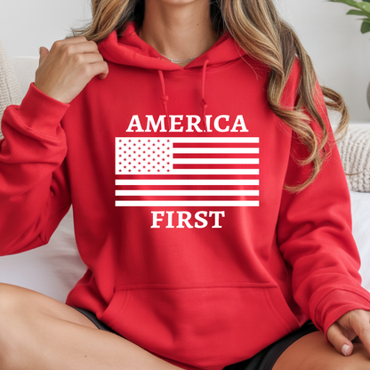 Red America First patriotic women’s unisex hoodie with white American flag design