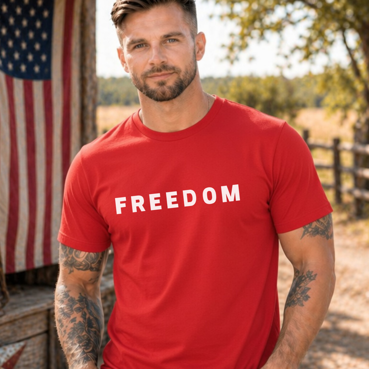 Man wearing a red 'FREEDOM' t-shirt outdoors with an American flag in the background.