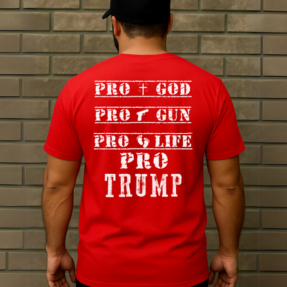 Red  T-shirt with white distressed American flag front and pro-values back design