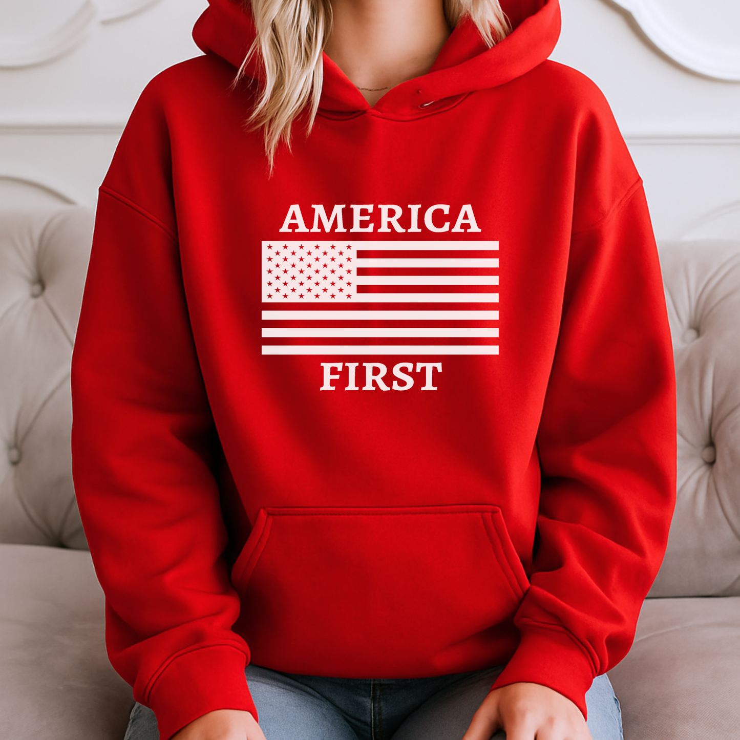 Red USA flag hoodie – America First pullover sweatshirt for her