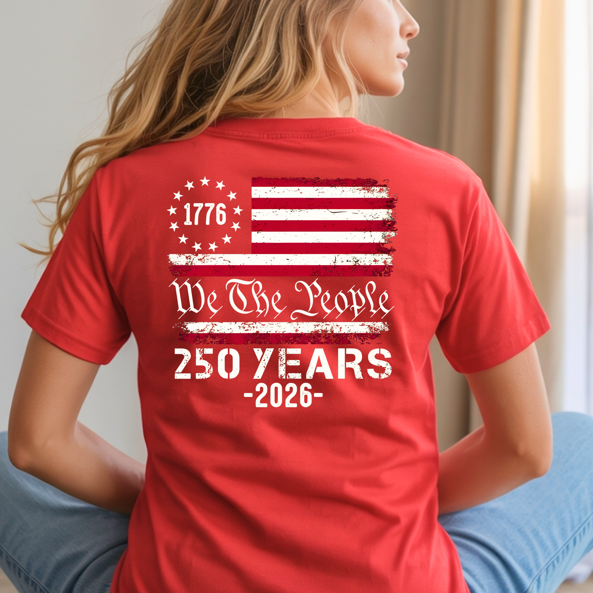 Red We The People 250 Years patriotic t-shirt back view with distressed American flag