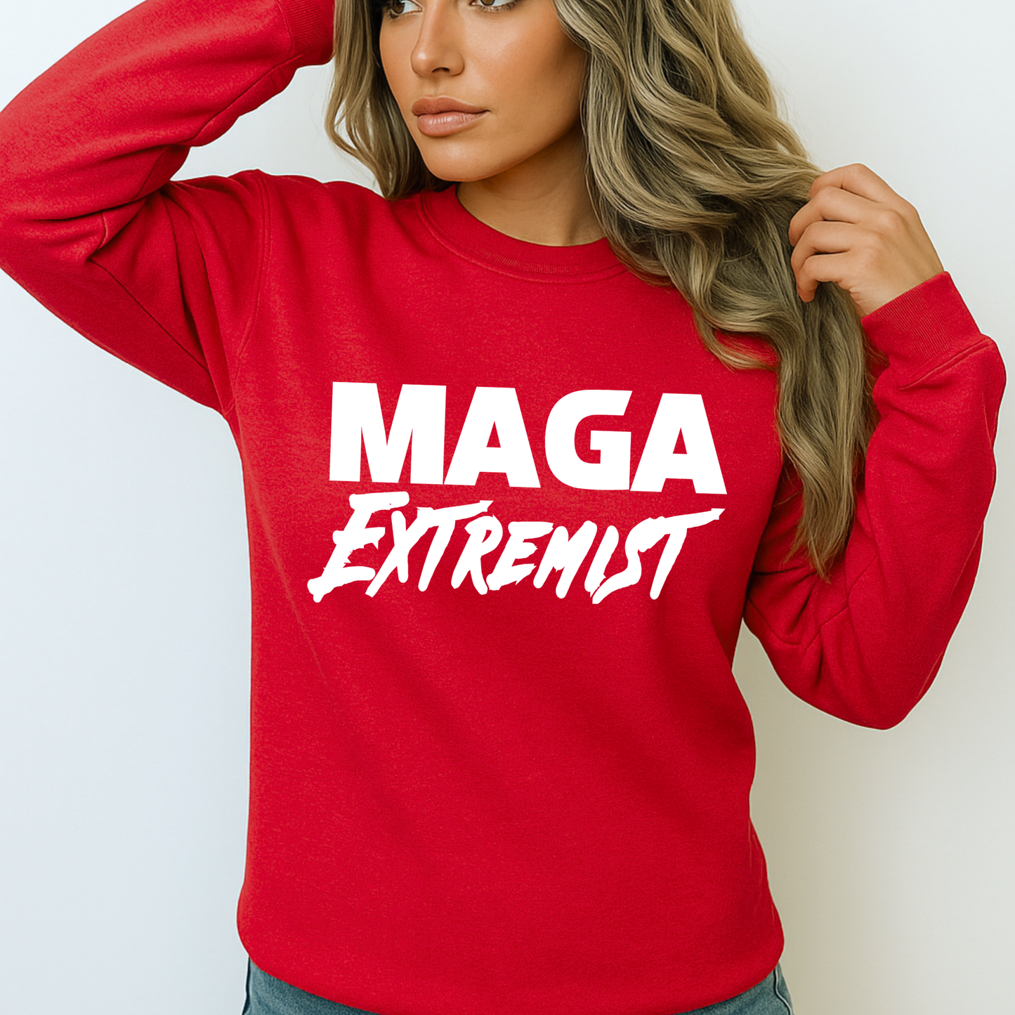 Red crewneck sweatshirt for conservative women with MAGA design