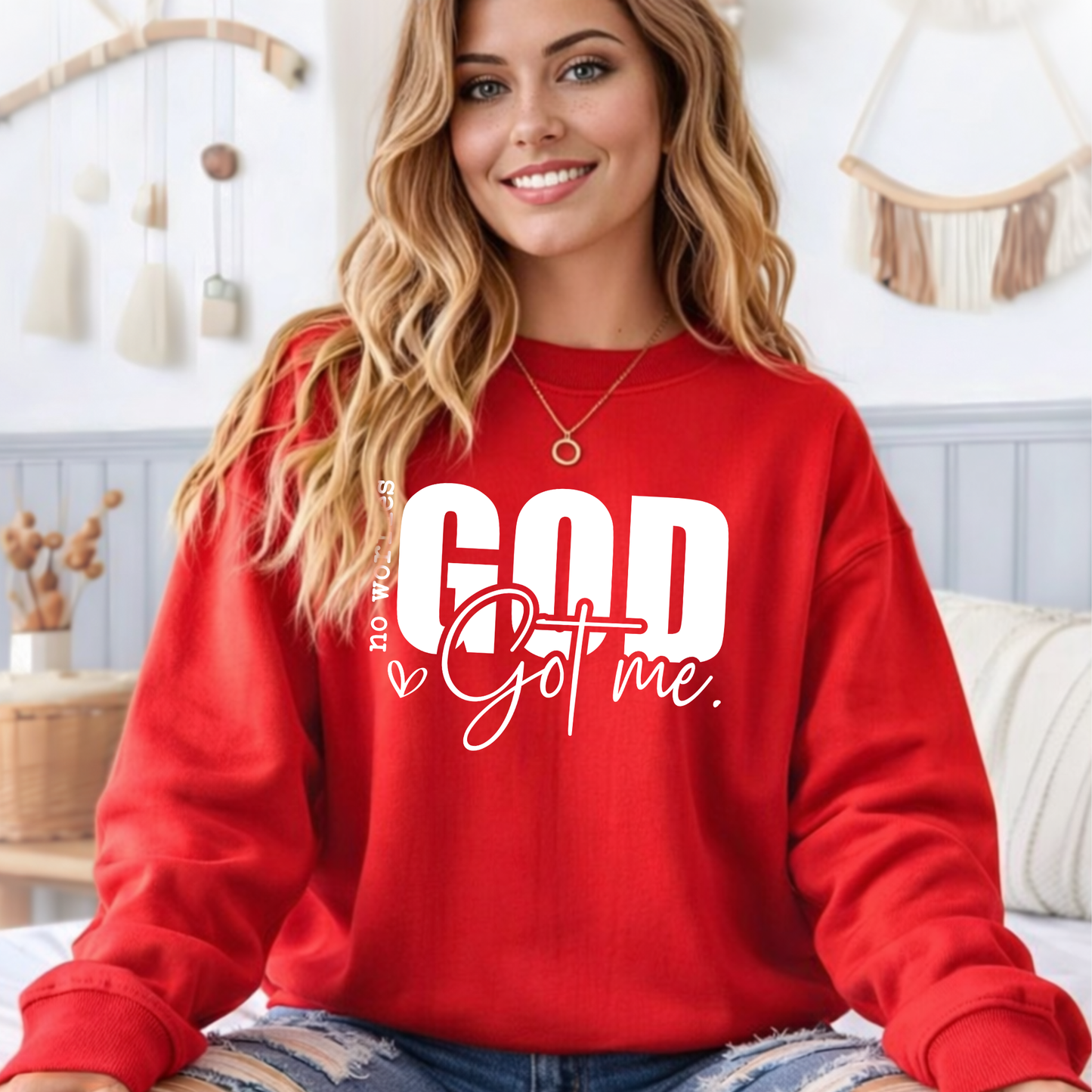 Red Christian crewneck sweatshirt with No Worries God Got Me text
