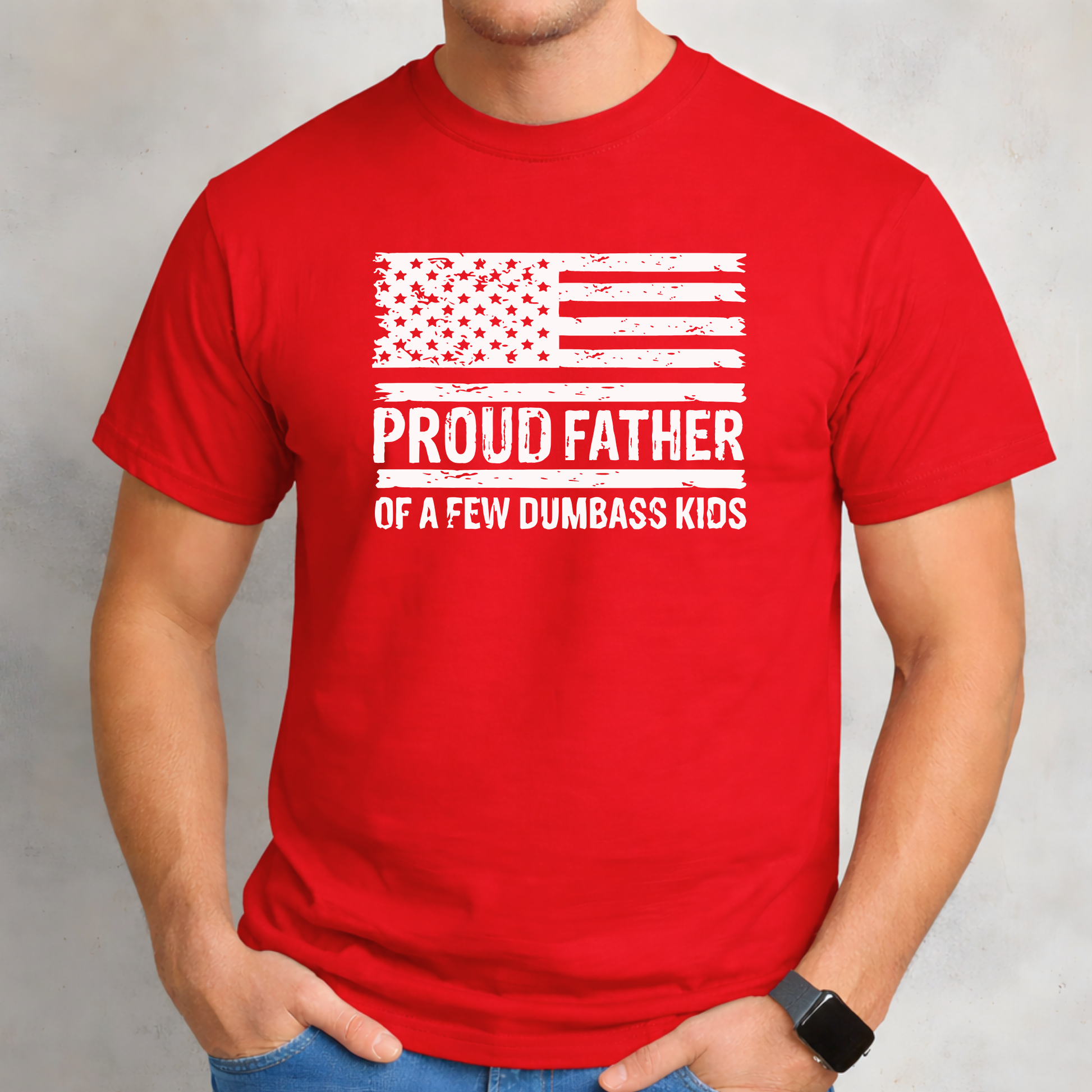 Red men’s t-shirt with bold white American flag graphic and humorous dad wording