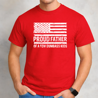 Red men’s t-shirt with bold white American flag graphic and humorous dad wording