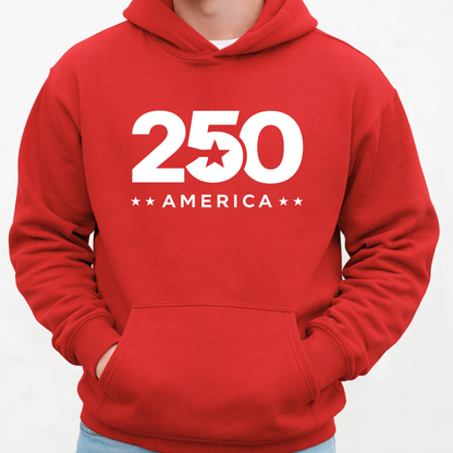 Red hoodie with '250 America' text on a white background