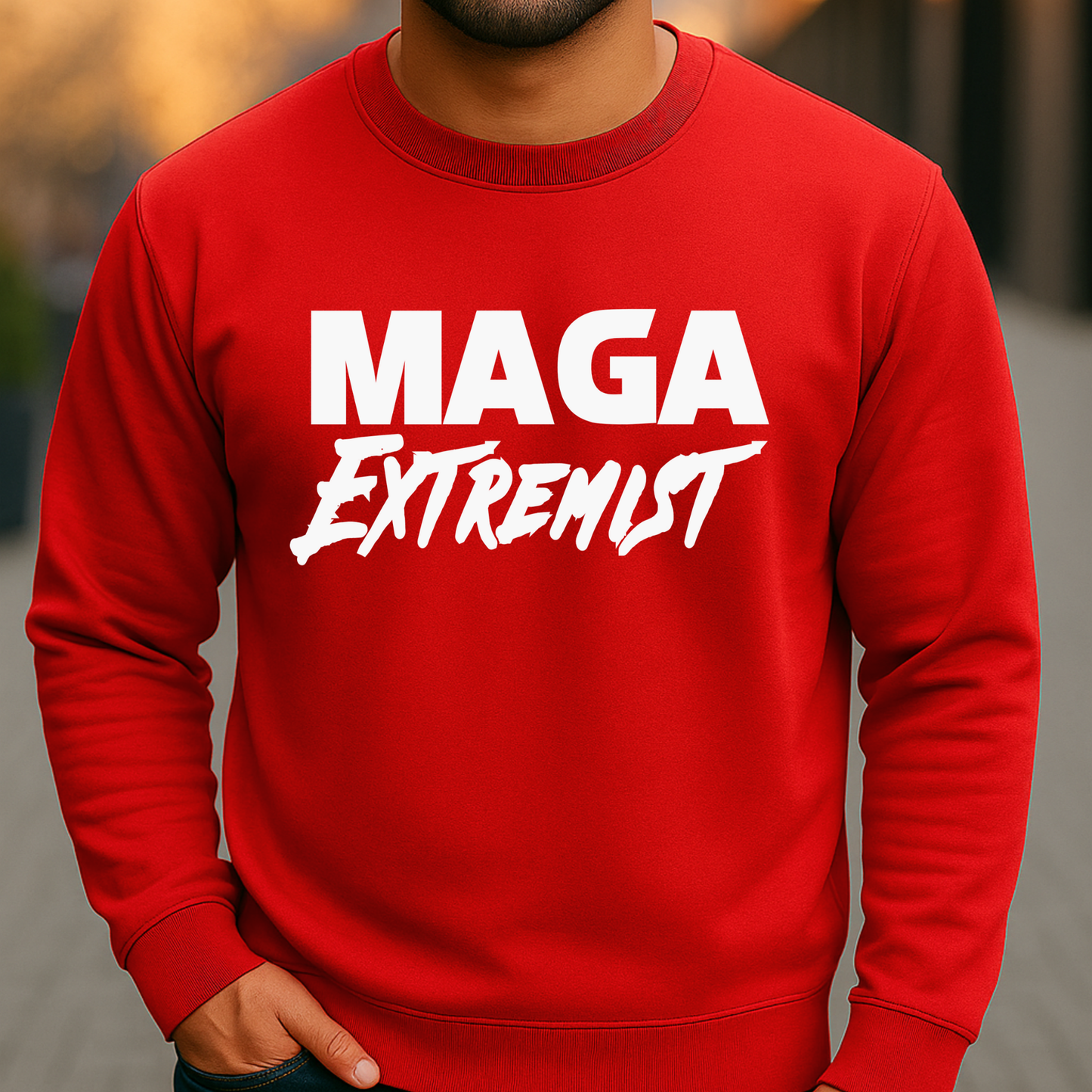 Red men's crewneck sweatshirt with “MAGA Extremist” design in bold white text