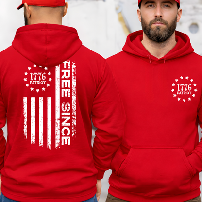 Red men’s patriotic hoodie with Free Since American flag back and 1776 Patriot chest emblem