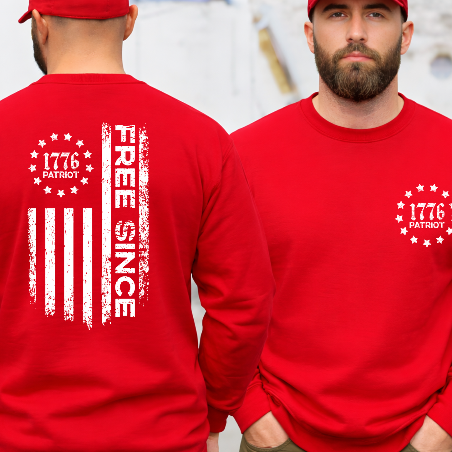 Red men’s patriotic sweatshirt showing Free Since flag design on back