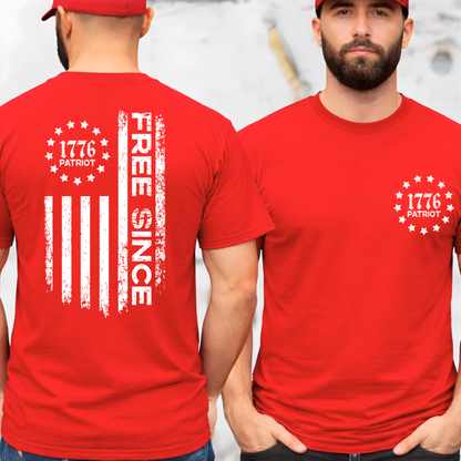 Red men’s patriotic t-shirt front and back view with 1776 Patriot emblem and Free Since design