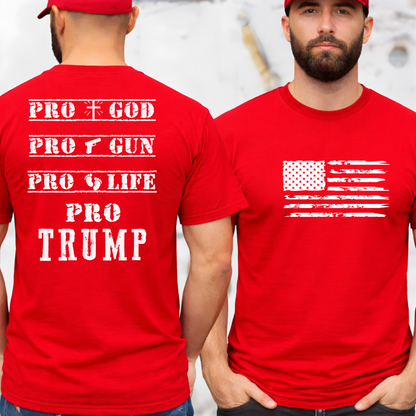 Man wearing a red Tshirt with pro-Trump text and an American flag on the front, and another person wearing the same sweatshirt showing the back with text.