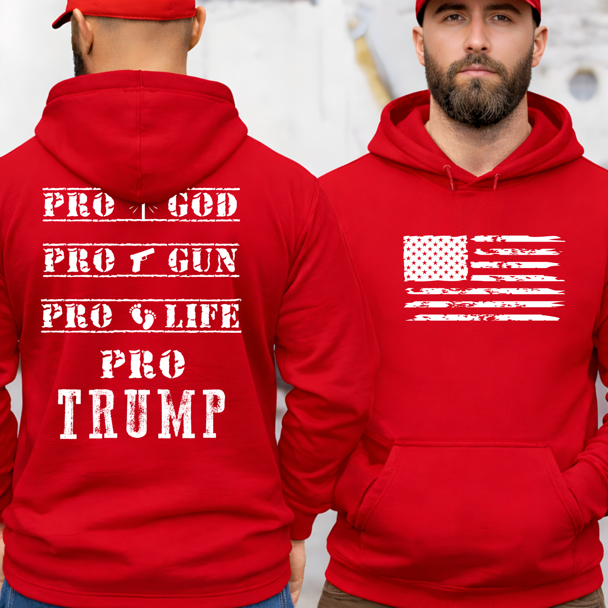 Red hoodie with 'Pro God, Pro Gun, Pro Life, Pro Trump' text on the back and American flag design on the front.