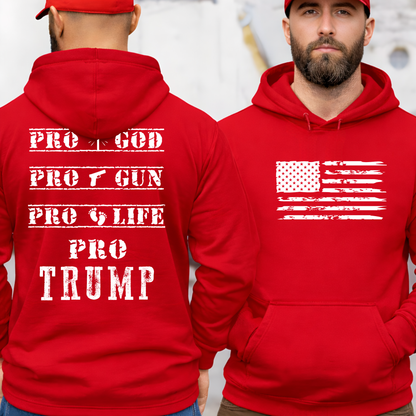Red hoodie with 'Pro God, Pro Gun, Pro Life, Pro Trump' text on the back and American flag design on the front.