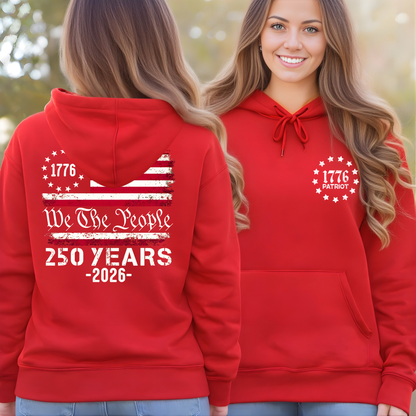 Red patriotic hoodie front and back view with We The People 250 Years 1776–2026 design