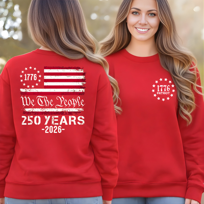 Red patriotic sweatshirt front and back showing 1776 Patriot chest and flag back print