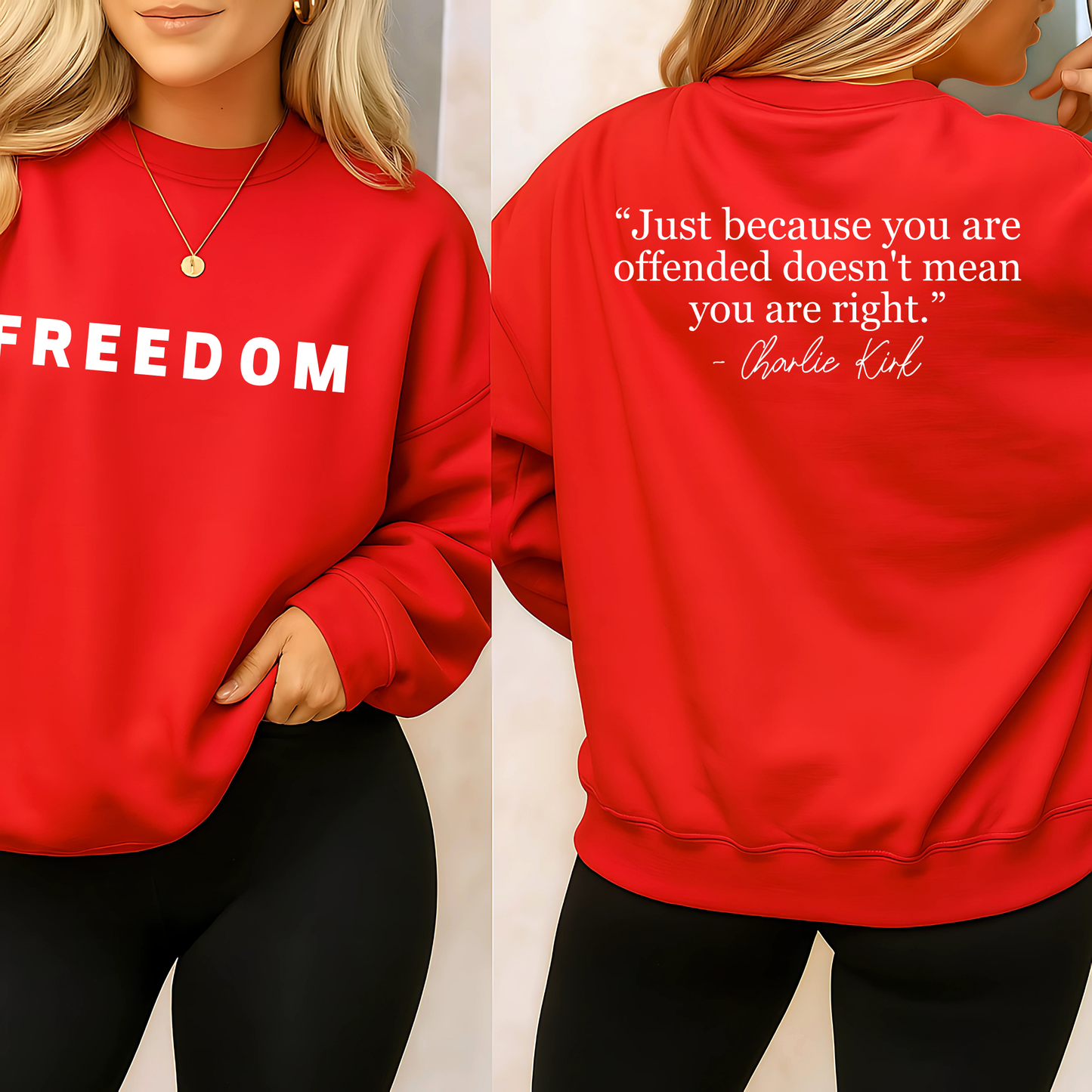 Red patriotic sweatshirt showing “FREEDOM” on the front and motivational quote on the back