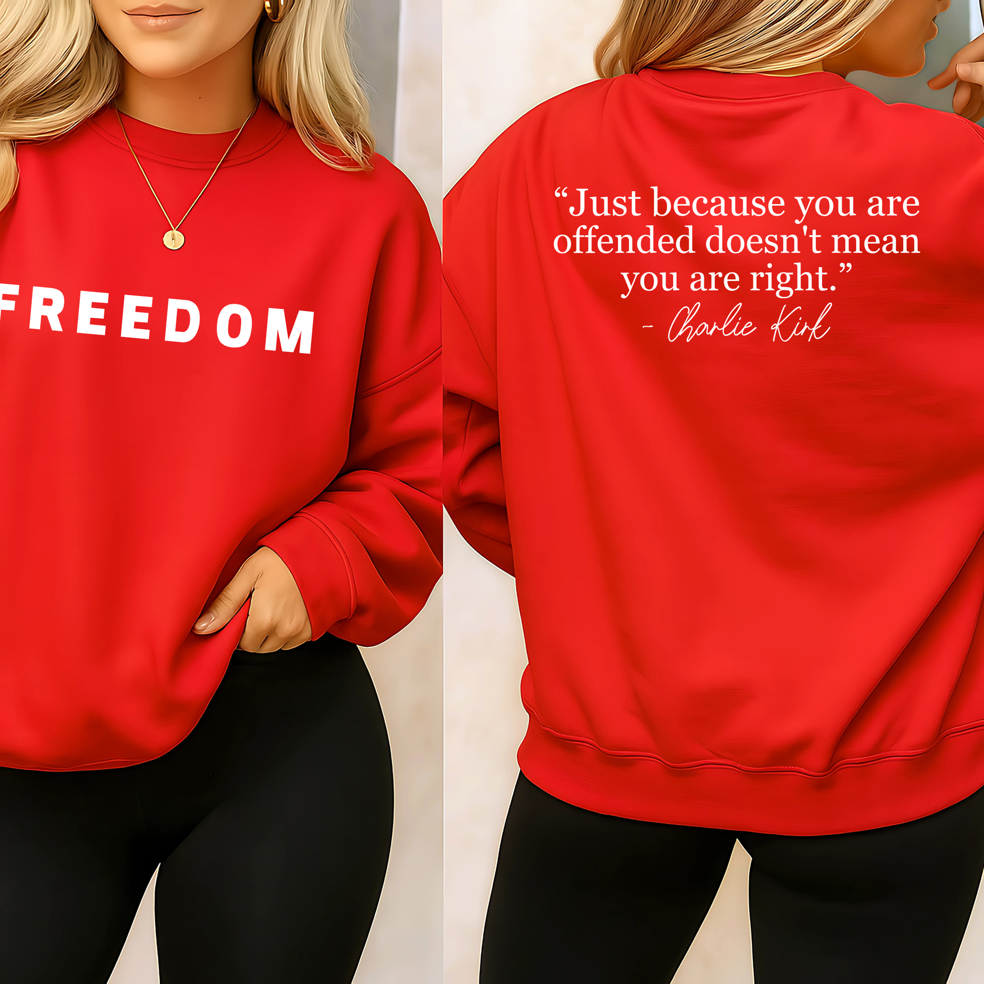 Red patriotic sweatshirt showing “FREEDOM” on the front and motivational quote on the back