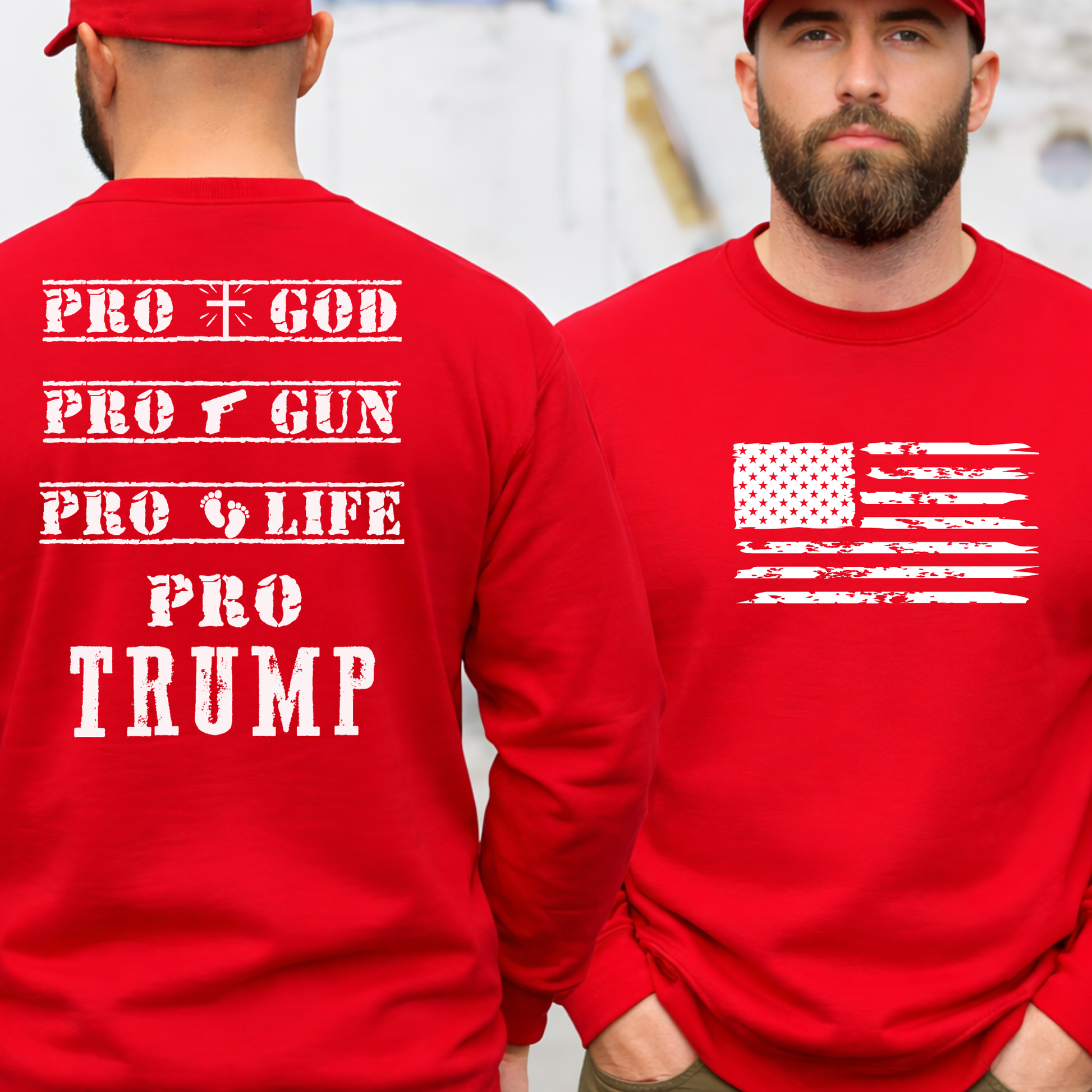 Man wearing a red sweatshirt with pro-Trump text and an American flag on the front, and another person wearing the same sweatshirt showing the back with text.