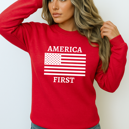 Red sweatshirt featuring "America First" design in white