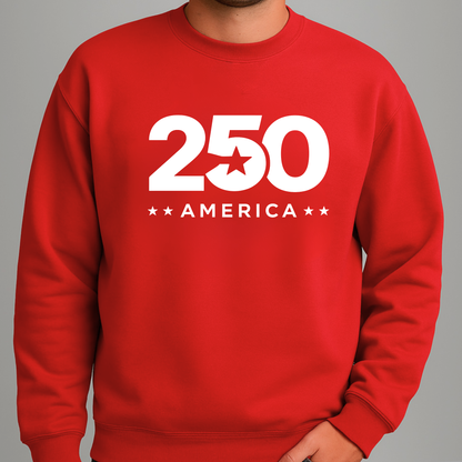 Red sweatshirt with '250 America' printed on a gray background