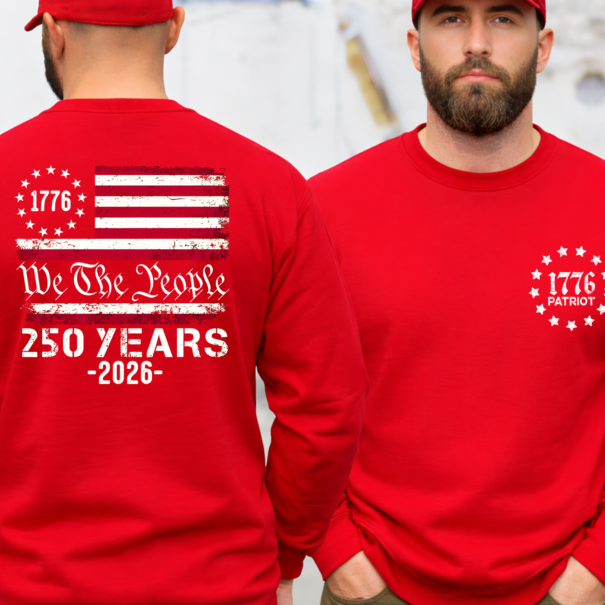 Red sweatshirt with American flag and text on front and back worn by a Guy