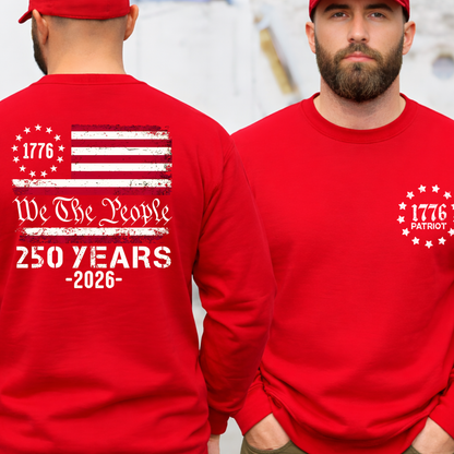 Red sweatshirt with American flag and text on front and back worn by a Guy
