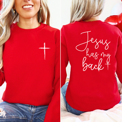 Red sweatshirt with front cross and bold back inspirational design