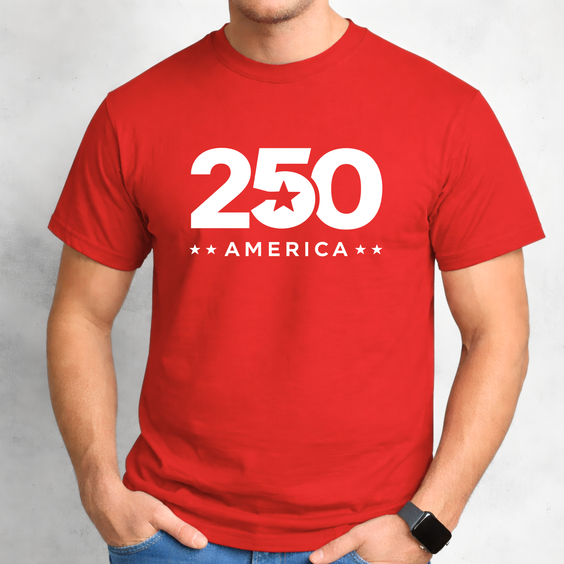 Red t-shirt with '250 America' printed on a plain background
