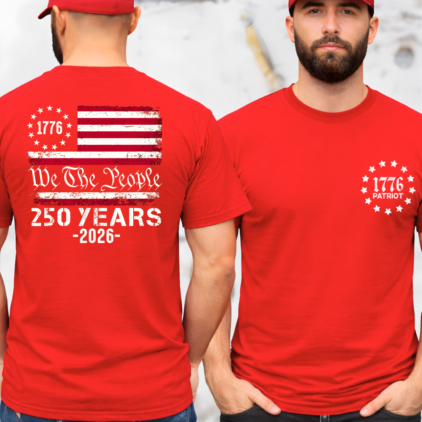 Red t-shirt with American flag design and text on a plain background