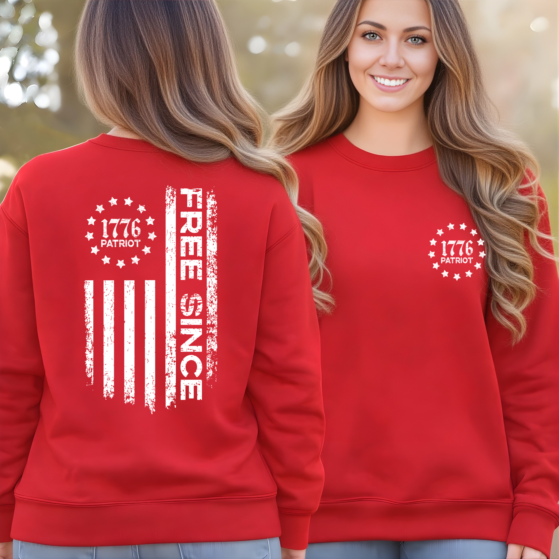 Red women’s patriotic sweatshirt front and back view with 1776 Patriot emblem and Free Since flag