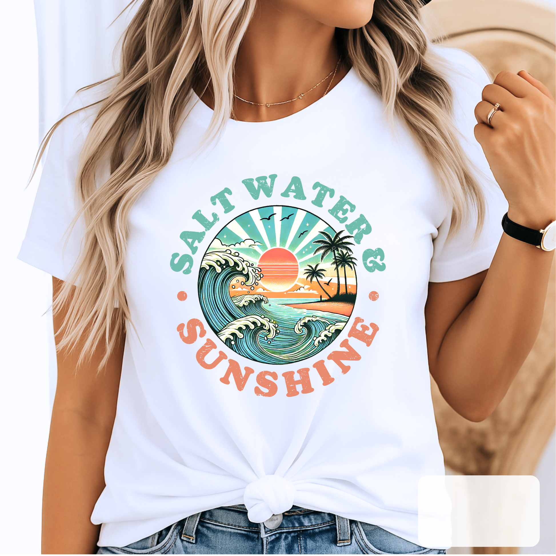 White knotted tee with colorful coastal scene, Salt Water & Sunshine design

