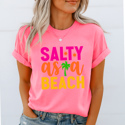 Bright pink tee styled casually with jeans