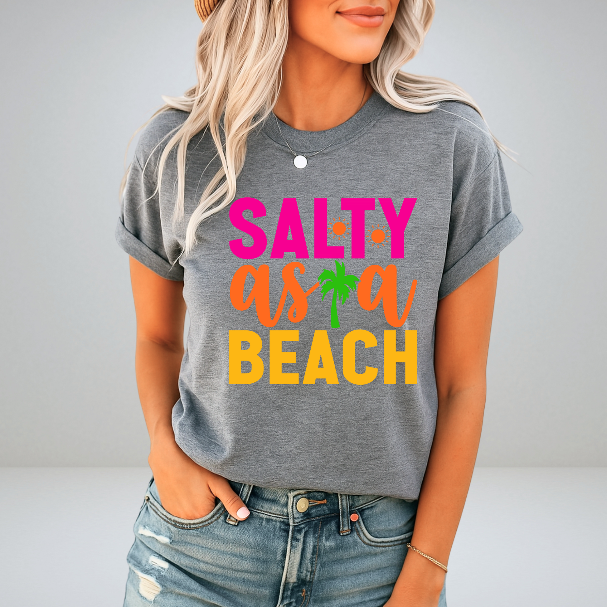 Sports gray summer shirt with vibrant beach lettering