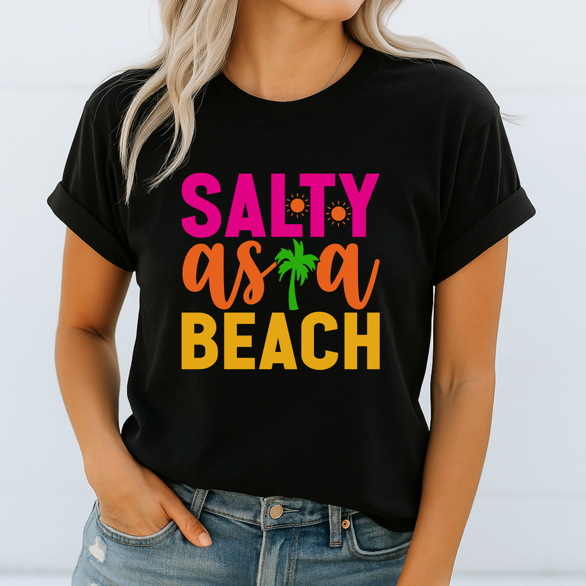 Black t-shirt with colorful summer beach text
