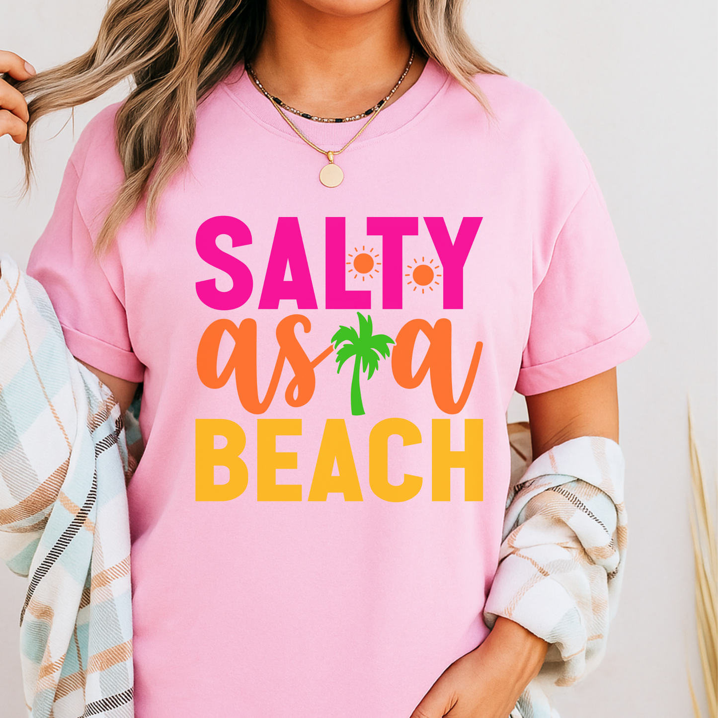 Light pink shirt with palm tree and sunshine design