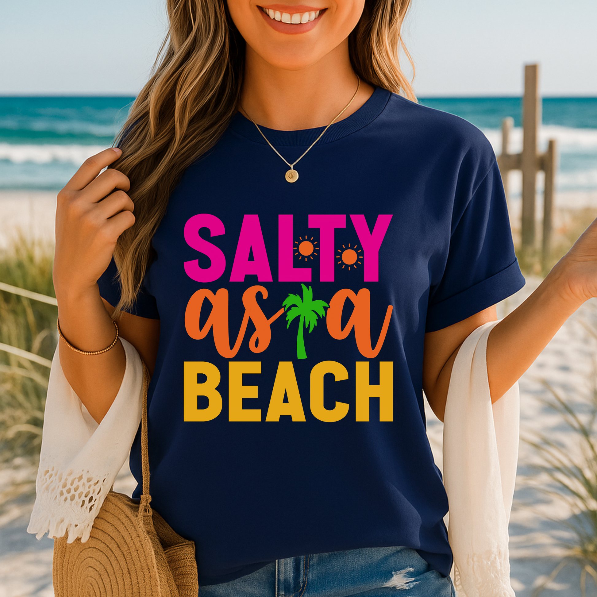 Navy blue beach shirt with palm and sunshine detail
