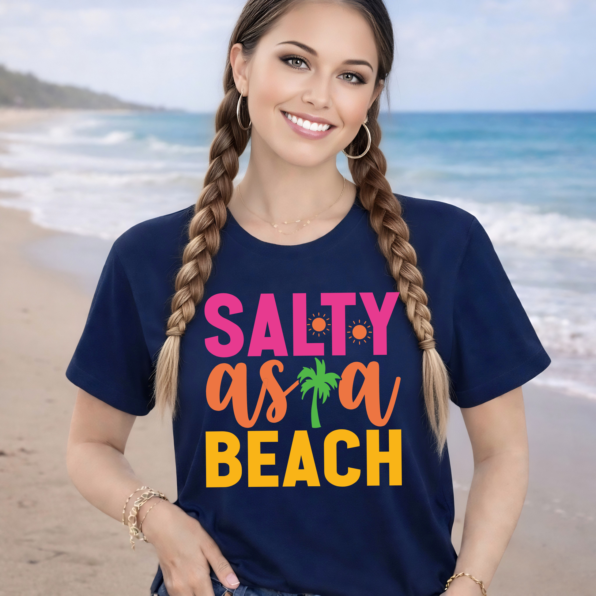Salty As A Beach navy t-shirt beach background tropical summer graphic shirt