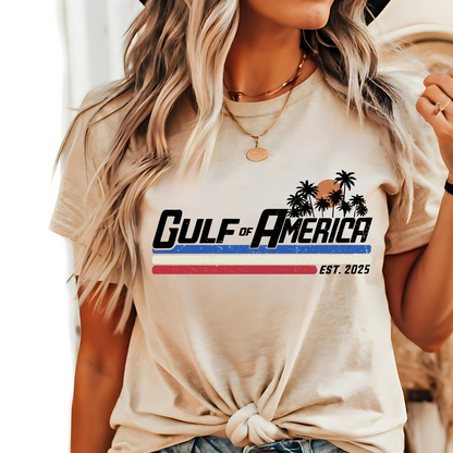 Sand-colored patriotic T-shirt with palm tree sunset graphic