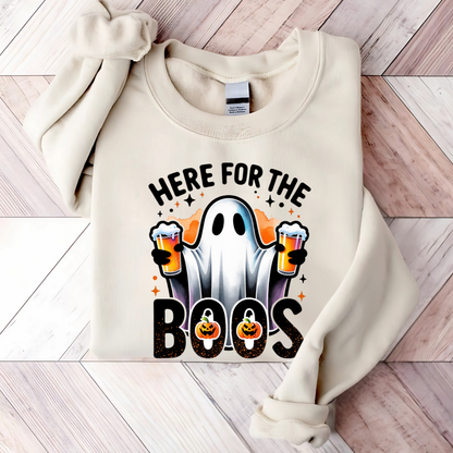 sand colored sweatshirt with ghost holding beer and “Here For The Boos” text
