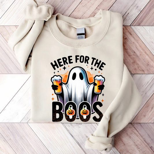 sand colored sweatshirt with ghost holding beer and “Here For The Boos” text
